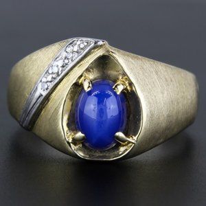 Vintage Brushed 14K Yellow Gold Blue Linde Lindy Star Sapphire & Diamond Ring